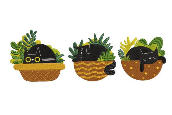 Cute Lazy Black Cat Embroidery Design