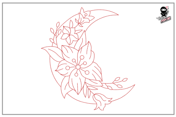 Floral Moon Redwork, Easy Embroidery