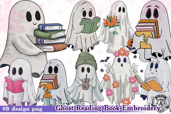 Ghost Reading Book Embroidery Clipart