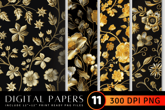 Gold Flowers Embroidery Digital Paper