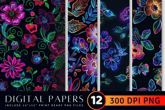 Neon Embroidery Flowers Digital Paper