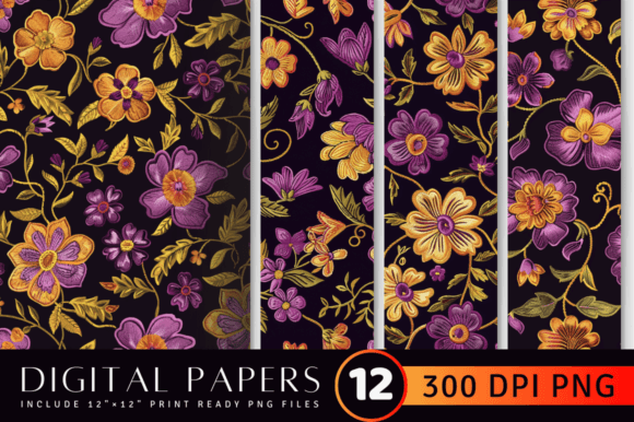 Purple Yellow Floral Embroidery Pattern
