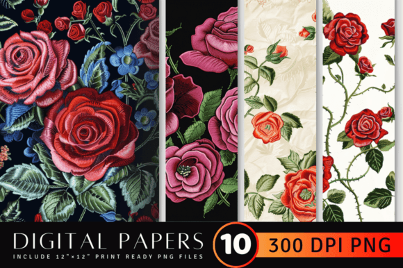 Roses Embroidery Flowers Digital Paper