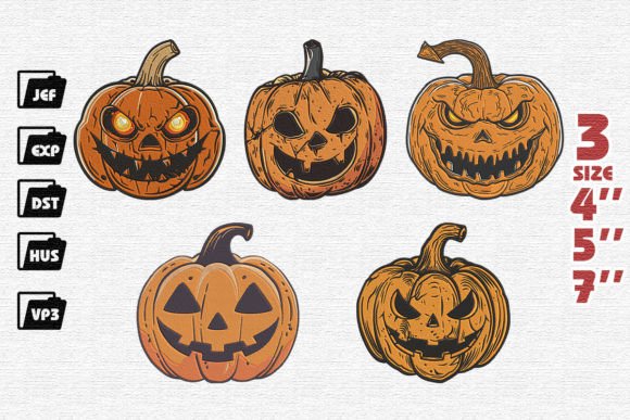 Set of 5 Halloween Pumpkin Embroidery