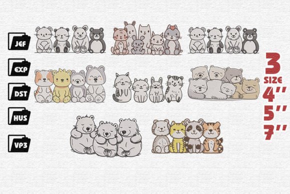 Set of 8 Cute Animals Family Embroidery